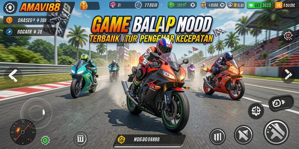 Screenshot menunjukkan aksi balapan motor yang mendebarkan.