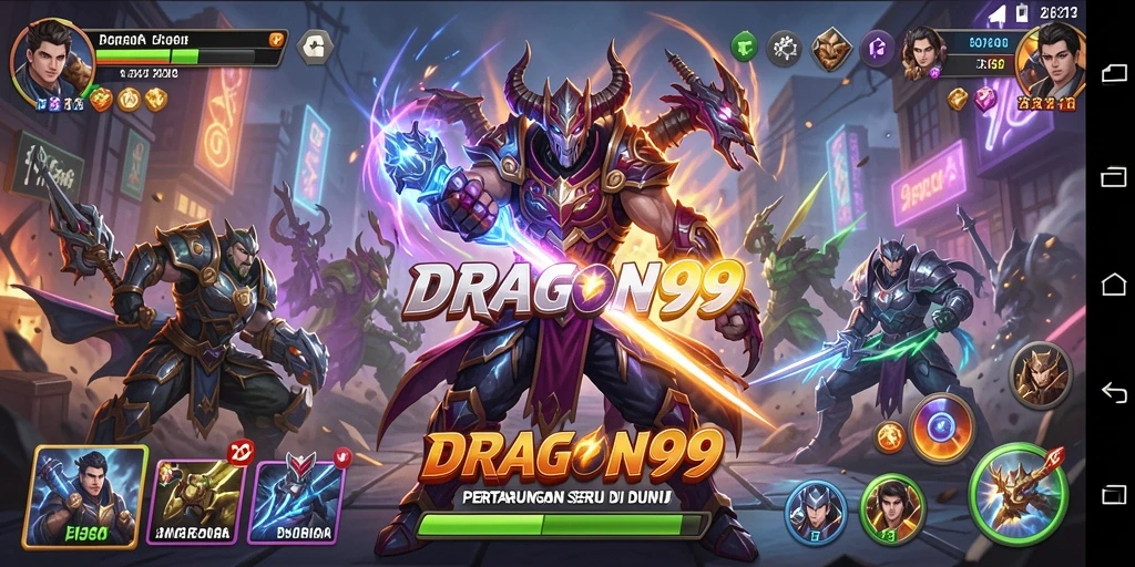 Screenshot utama DRAGON99 menampilkan pertarungan intens antara karakter-karakter ikonik.