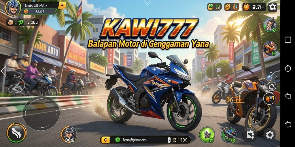 Tampilan gameplay KAWI777 yang penuh aksi saat balapan motor.
