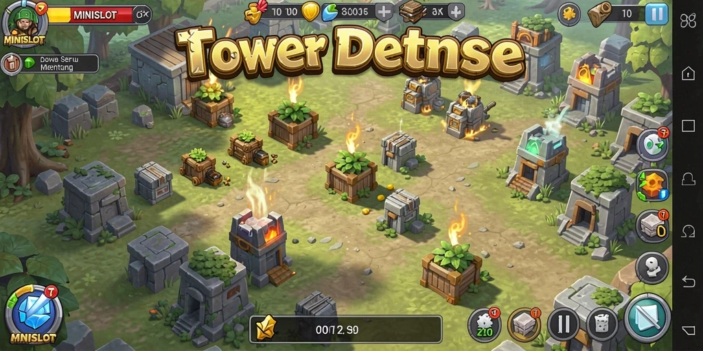 Tampilan seru gameplay MINISLOT dengan menara strategis melawan gelombang musuh.