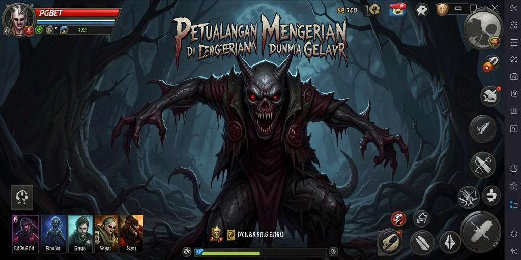 Screenshot utama PGBET menunjukkan karakter utama di tengah kegelapan yang mencekam.