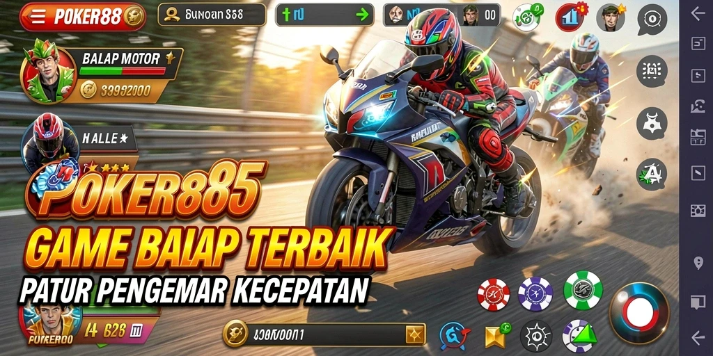 Screenshot utama POKER88 menampilkan aksi balapan motor yang seru dan penuh adrenalin.