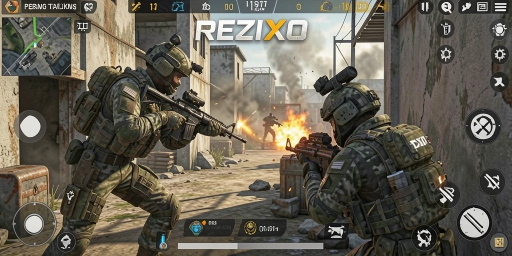 Gameplay intens dan strategis dalam REZIXO yang menampilkan aksi FPS.