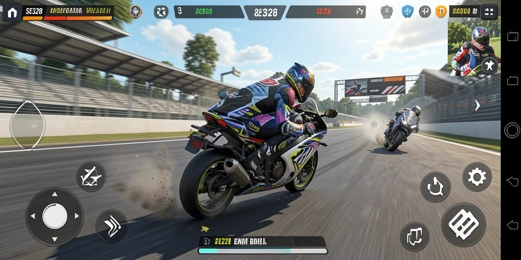 Gameplay SE328 menampilkan balapan motor yang intens dan mendebarkan.